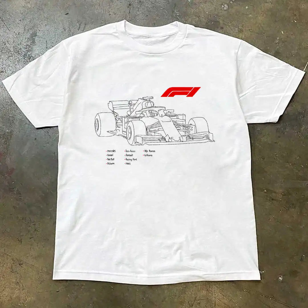 Short-Sleeved T-Shirt Top Heavy Cotton F1 Racing Printing Creative Loose White Opaque Half-Sleeved Shirt Durable and Resistant