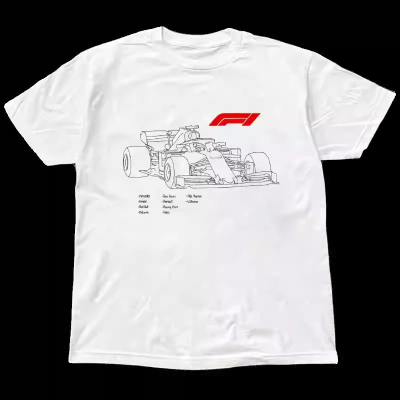 Short-Sleeved T-Shirt Top Heavy Cotton F1 Racing Printing Creative Loose White Opaque Half-Sleeved Shirt Durable and Resistant