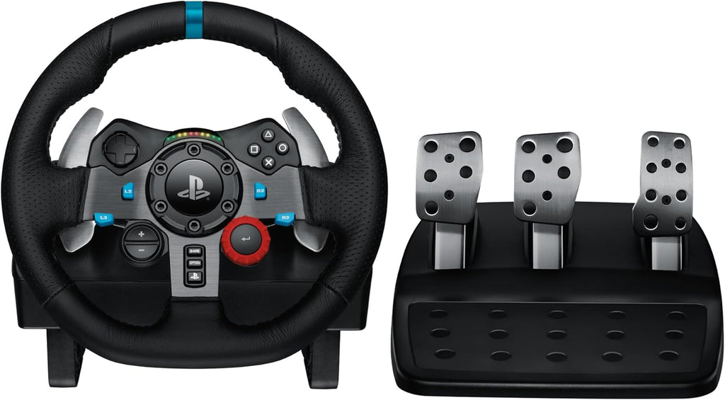 G29 Driving Force Racing Wheel and Floor Pedals, Real Force Feedback, Stainless Steel Paddle Shifters, Leather Steering Wheel Cover for PS5, PS4, PC, Mac - Black