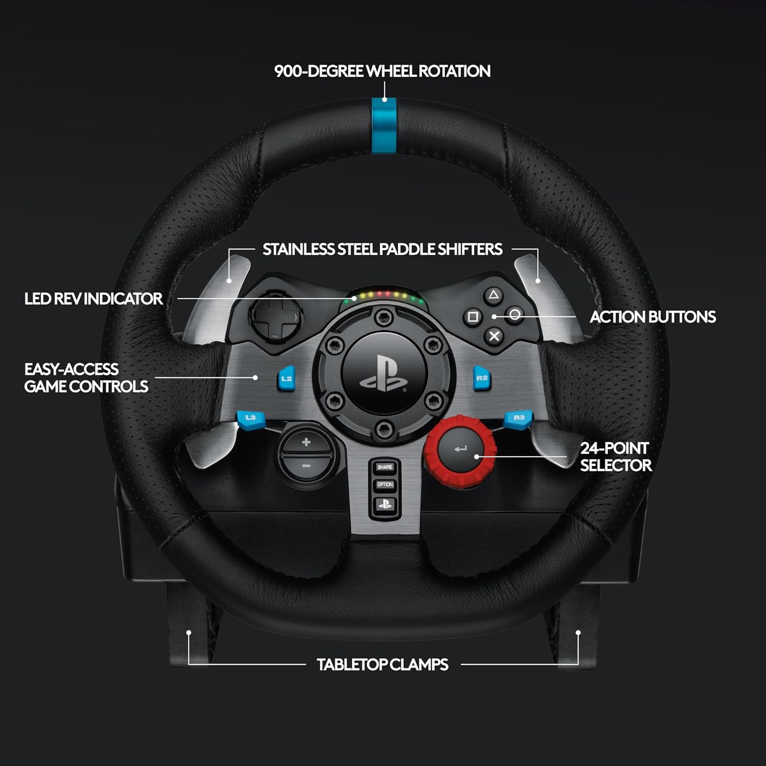 G29 Driving Force Racing Wheel and Floor Pedals, Real Force Feedback, Stainless Steel Paddle Shifters, Leather Steering Wheel Cover for PS5, PS4, PC, Mac - Black