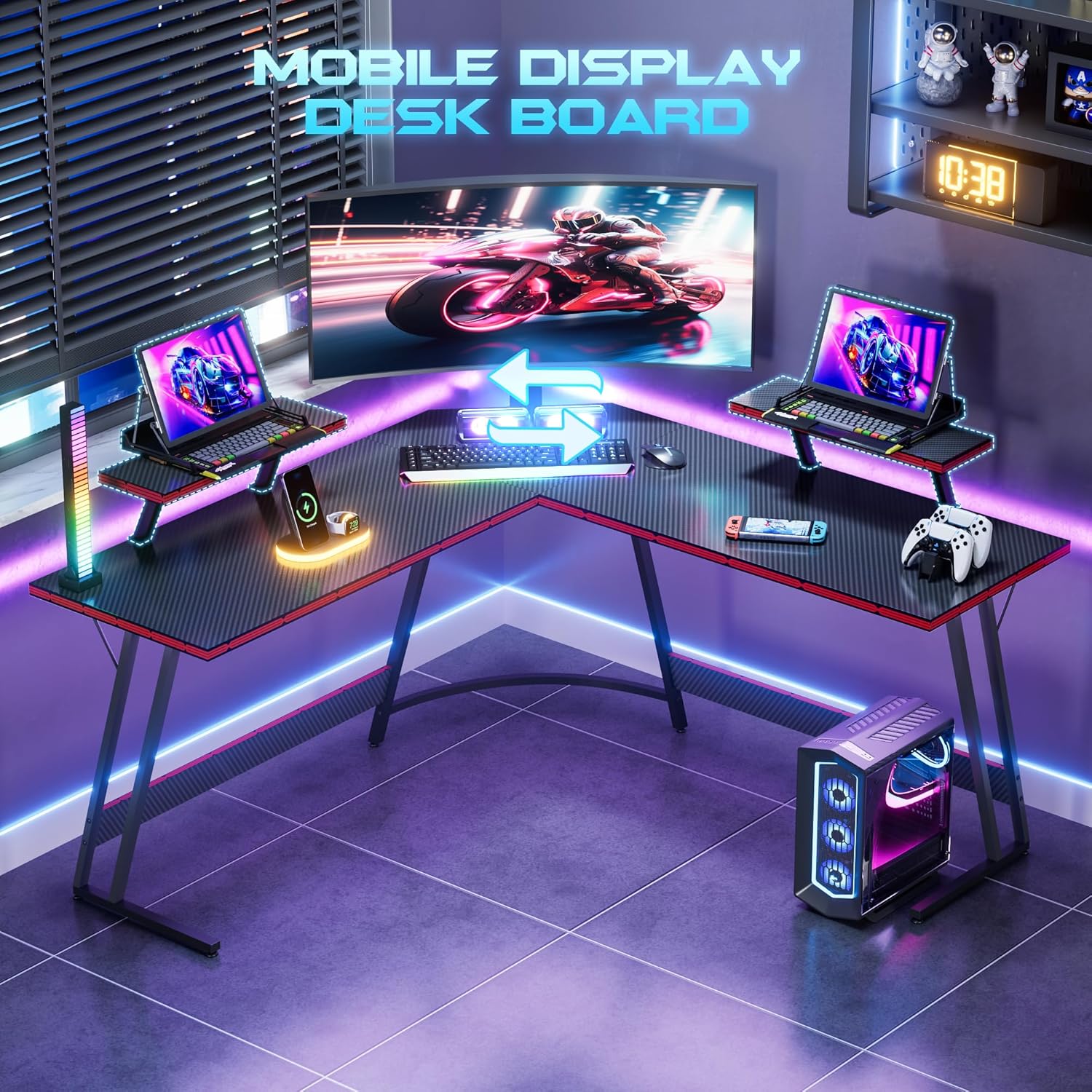 L Shaped Gaming Desk Computer Corner Desk PC Gaming Desk Table with Large Monitor Riser Stand for Home Office Sturdy Writing Workstation (Black, 51 Inch)