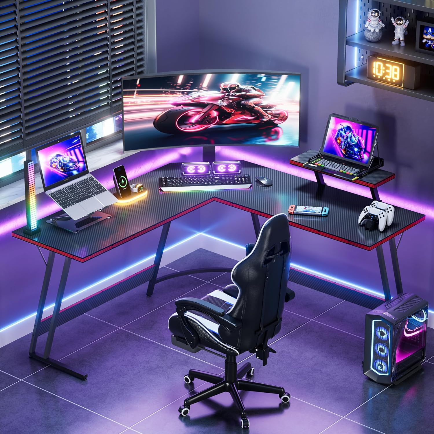 L Shaped Gaming Desk Computer Corner Desk PC Gaming Desk Table with Large Monitor Riser Stand for Home Office Sturdy Writing Workstation (Black, 51 Inch)