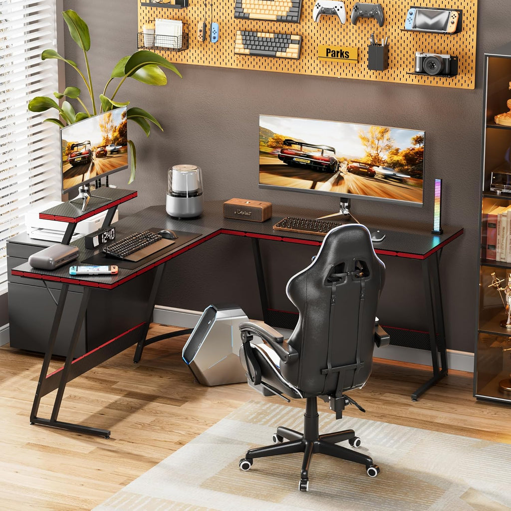 L Shaped Gaming Desk Computer Corner Desk PC Gaming Desk Table with Large Monitor Riser Stand for Home Office Sturdy Writing Workstation (Black, 51 Inch)