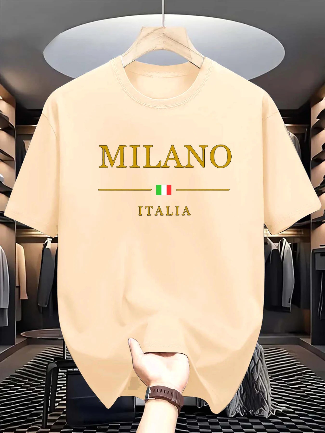 Men'S Summer 100 Cotton Fashionable Casual Loose plus Size MILANO ITALIA Pattern Printed Sports round Neck Short Sleeved T-Shirt