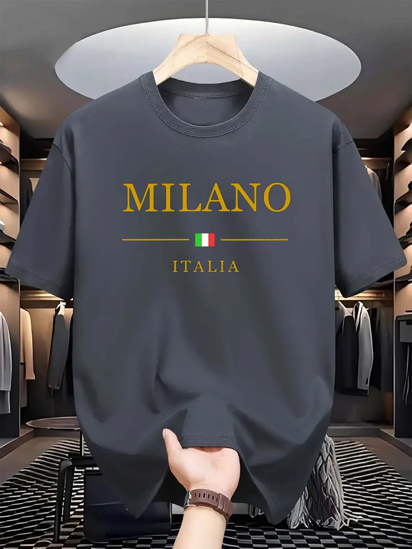 Men'S Summer 100 Cotton Fashionable Casual Loose plus Size MILANO ITALIA Pattern Printed Sports round Neck Short Sleeved T-Shirt